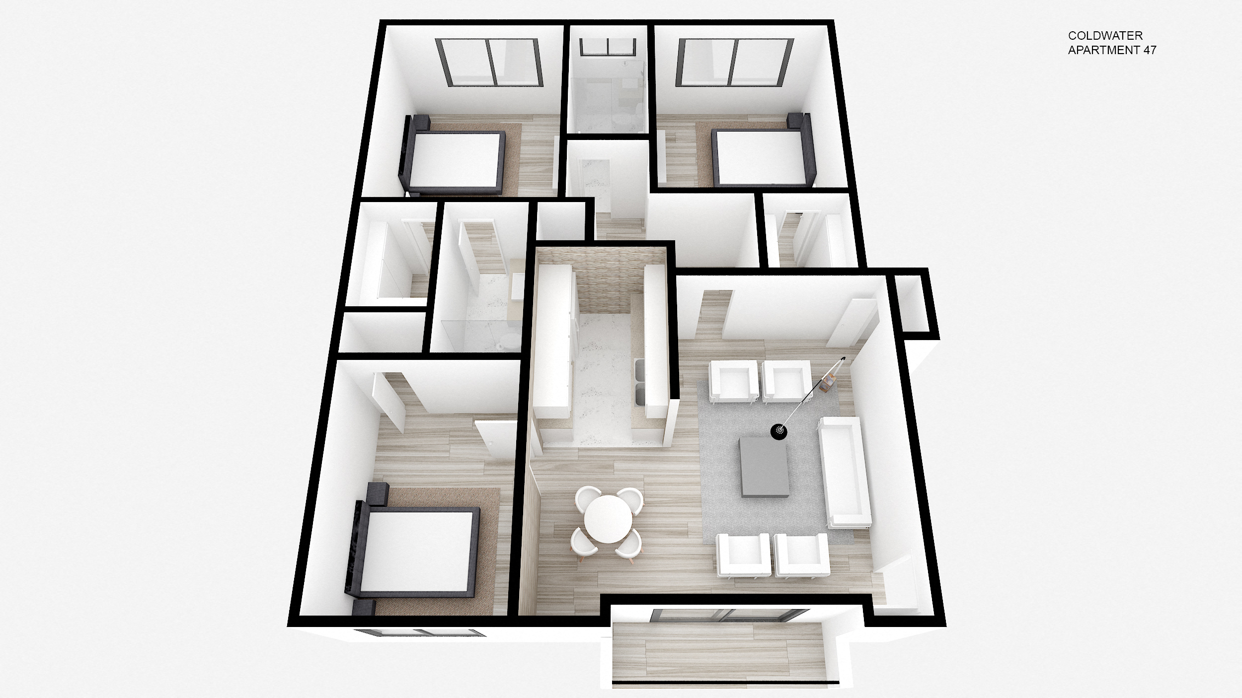 Floor plan for 3 beds, 2 baths, 1104 sqft